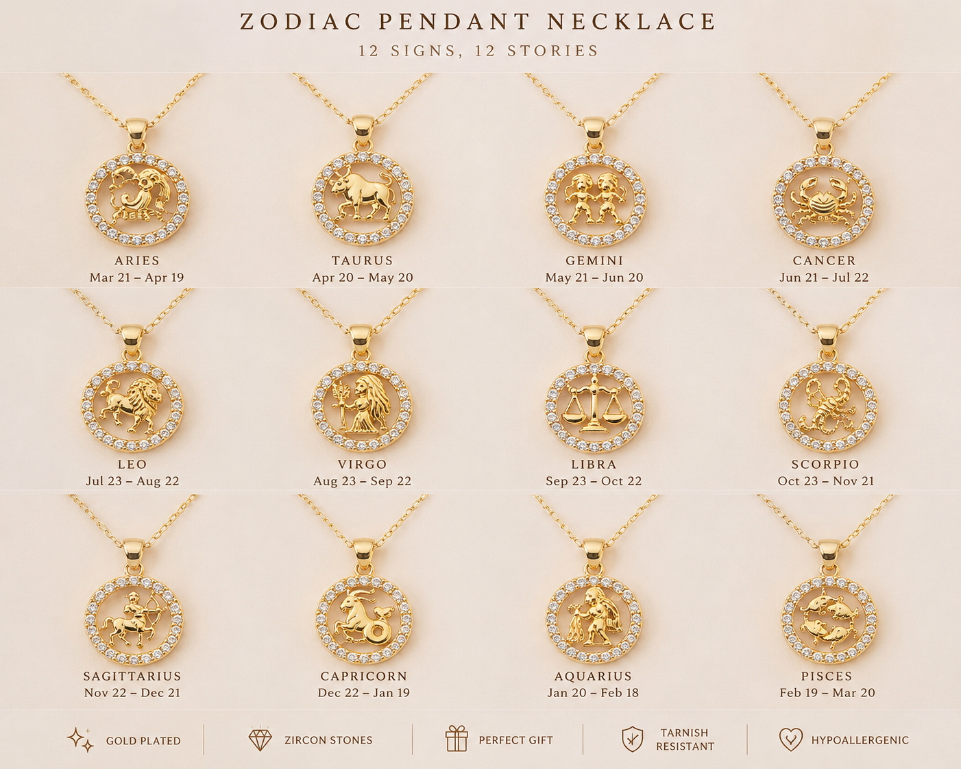 Zodiac pendant necklace with zirconia