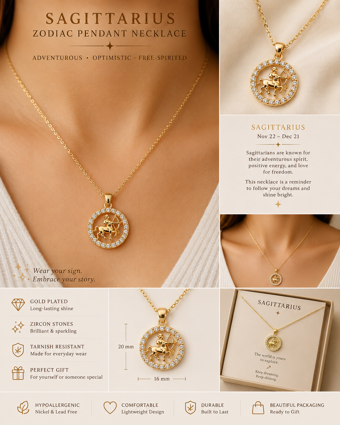 Zodiac pendant necklace with zirconia